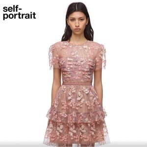 Self-Portrait Flower Mesh Tiered Mini Dress